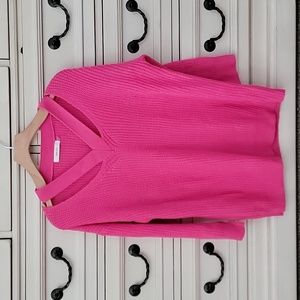 Hot pink v neck cut out sweater